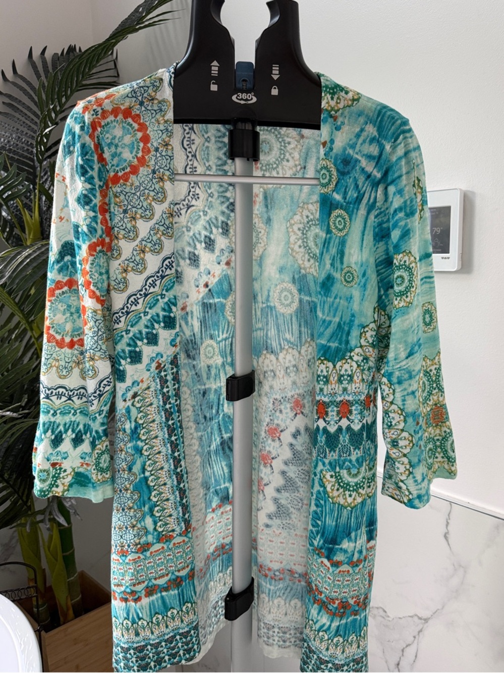 Chico's Patchwork Mandala Open Front Cardigan Size 2 Teal Turquoise Orange L
